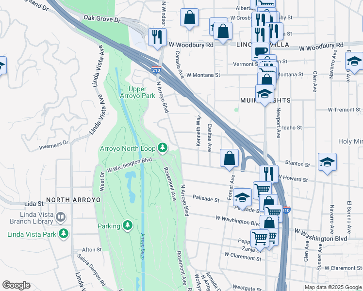 map of restaurants, bars, coffee shops, grocery stores, and more near 1650 North Arroyo Boulevard in Pasadena