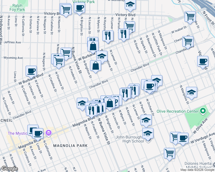 map of restaurants, bars, coffee shops, grocery stores, and more near 831 North Myers Street in Burbank