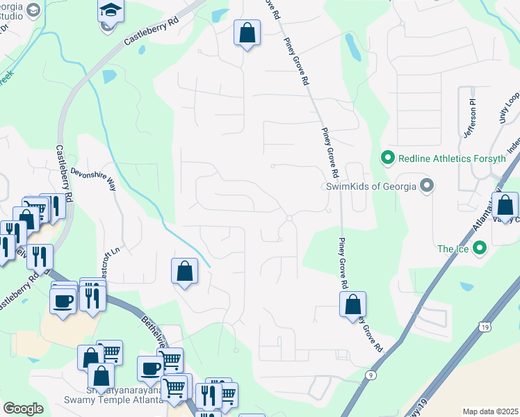 map of restaurants, bars, coffee shops, grocery stores, and more near 5610 Weddington Drive in Cumming