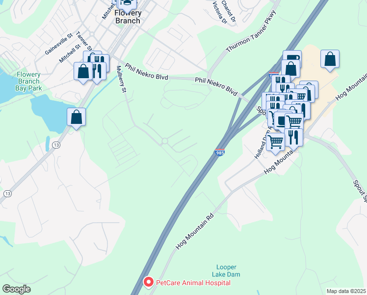 map of restaurants, bars, coffee shops, grocery stores, and more near 5843 Bridgeport Court in Flowery Branch