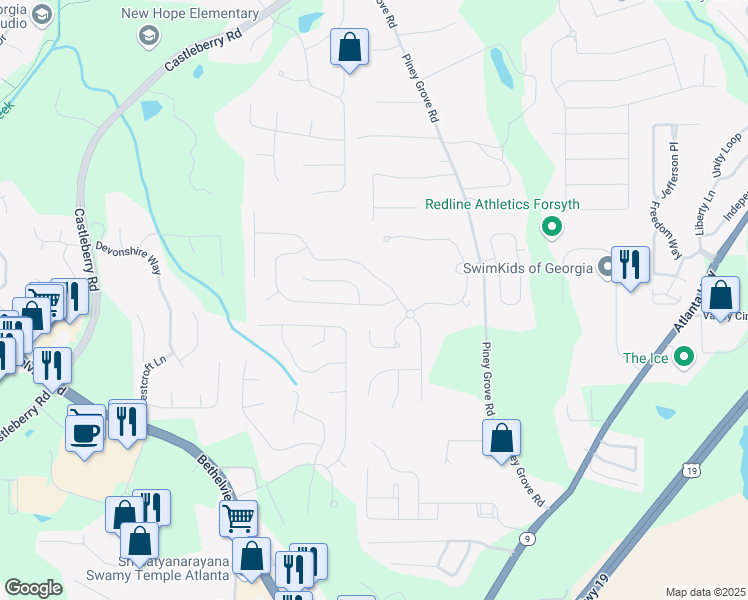 map of restaurants, bars, coffee shops, grocery stores, and more near 5580 Weddington Drive in Cumming
