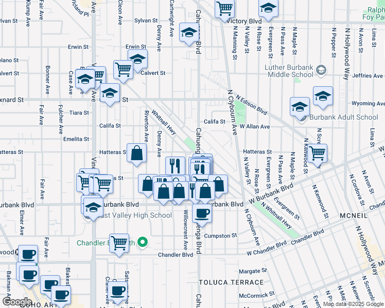 map of restaurants, bars, coffee shops, grocery stores, and more near 5761 North Whitnall Highway in Los Angeles
