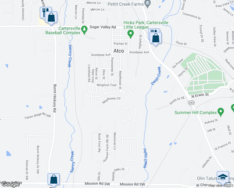 map of restaurants, bars, coffee shops, grocery stores, and more near 104 Mayflower Street in Cartersville