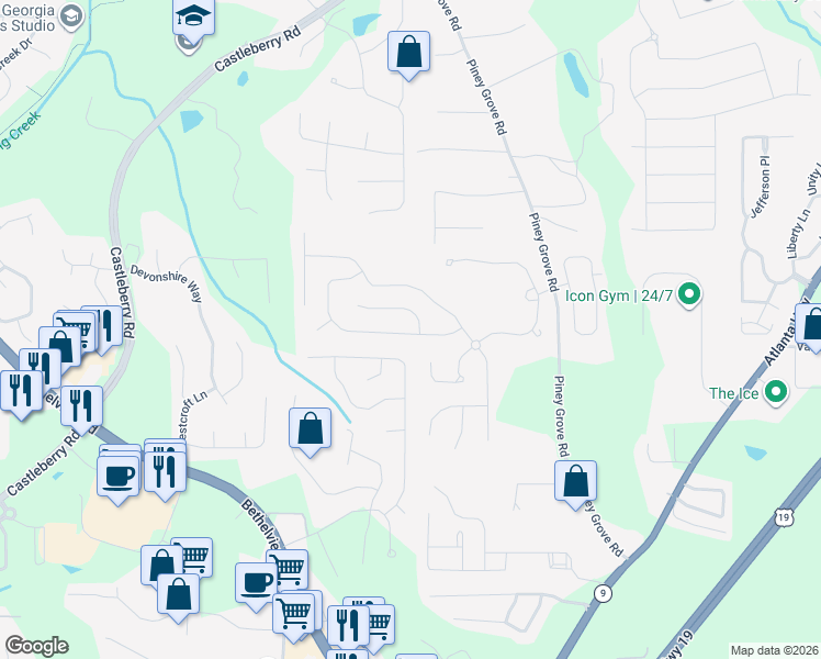map of restaurants, bars, coffee shops, grocery stores, and more near 5720 Weddington Drive in Cumming