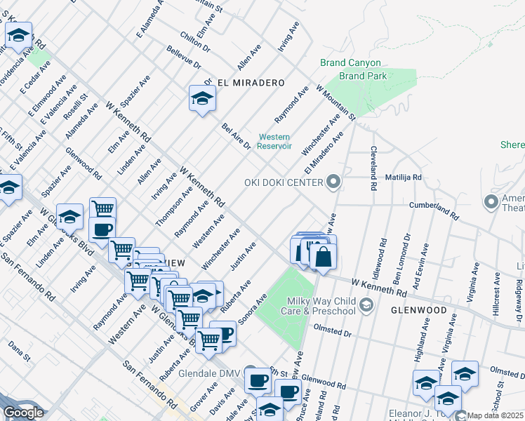 map of restaurants, bars, coffee shops, grocery stores, and more near 1336 Winchester Avenue in Glendale