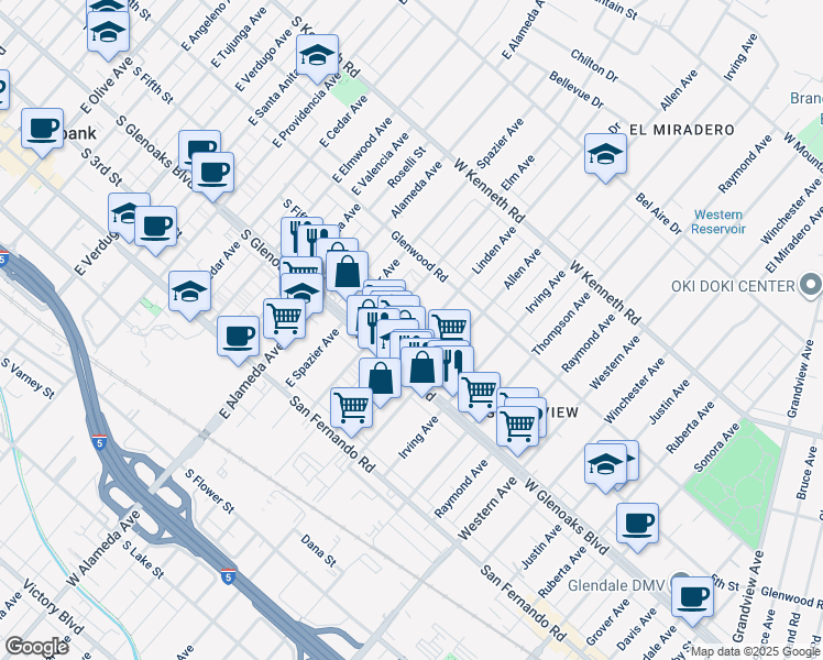 map of restaurants, bars, coffee shops, grocery stores, and more near 1129 Linden Avenue in Glendale