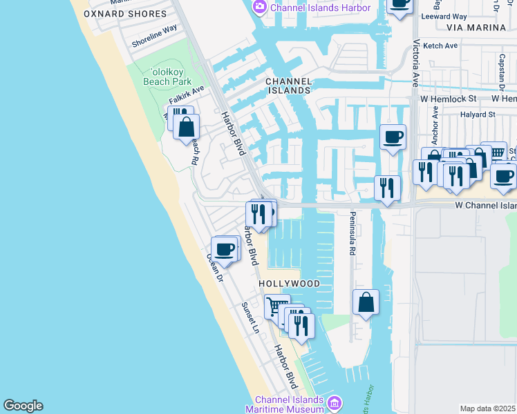 map of restaurants, bars, coffee shops, grocery stores, and more near 4501 West Channel Islands Boulevard in Oxnard