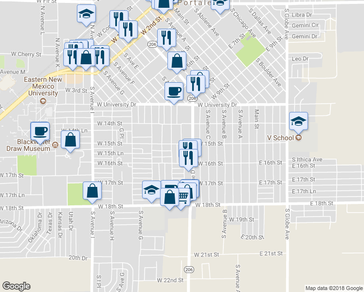 map of restaurants, bars, coffee shops, grocery stores, and more near 1509 South Avenue D Place in Portales