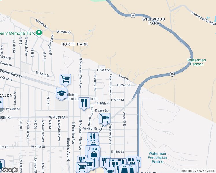 map of restaurants, bars, coffee shops, grocery stores, and more near 5220 Sepulveda Avenue in San Bernardino