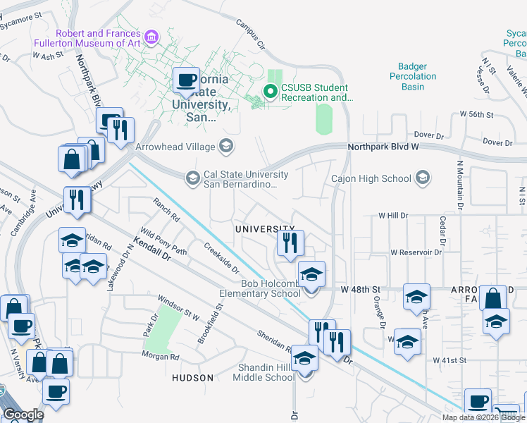 map of restaurants, bars, coffee shops, grocery stores, and more near Keystone Dr in San Bernardino