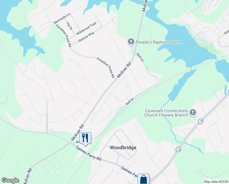 map of restaurants, bars, coffee shops, grocery stores, and more near 6353 McEver Road in Flowery Branch