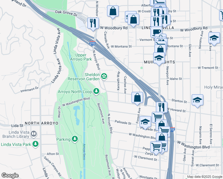 map of restaurants, bars, coffee shops, grocery stores, and more near 757 Stanton Street in Pasadena