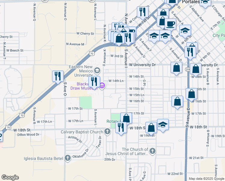 map of restaurants, bars, coffee shops, grocery stores, and more near 1020 West 15th Street in Portales