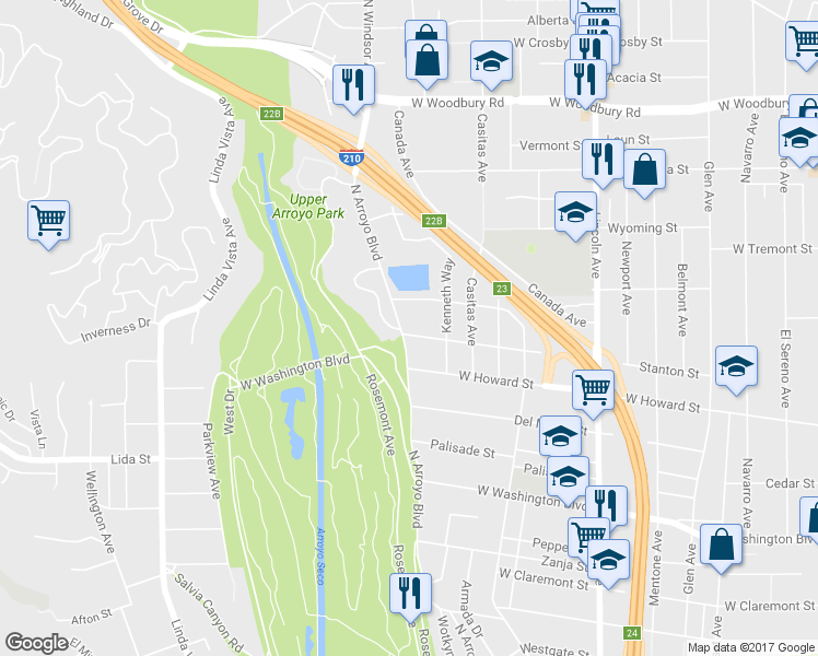 map of restaurants, bars, coffee shops, grocery stores, and more near 1674 North Arroyo Boulevard in Pasadena