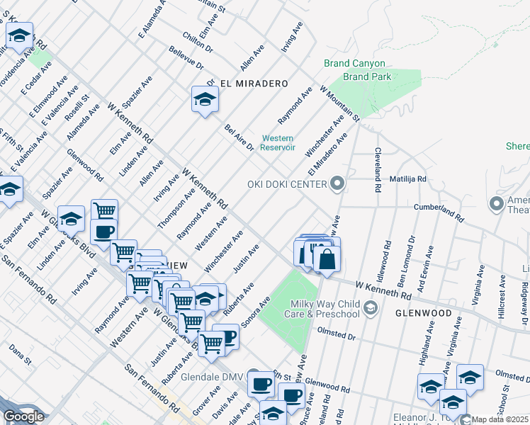 map of restaurants, bars, coffee shops, grocery stores, and more near 1336 Winchester Avenue in Glendale
