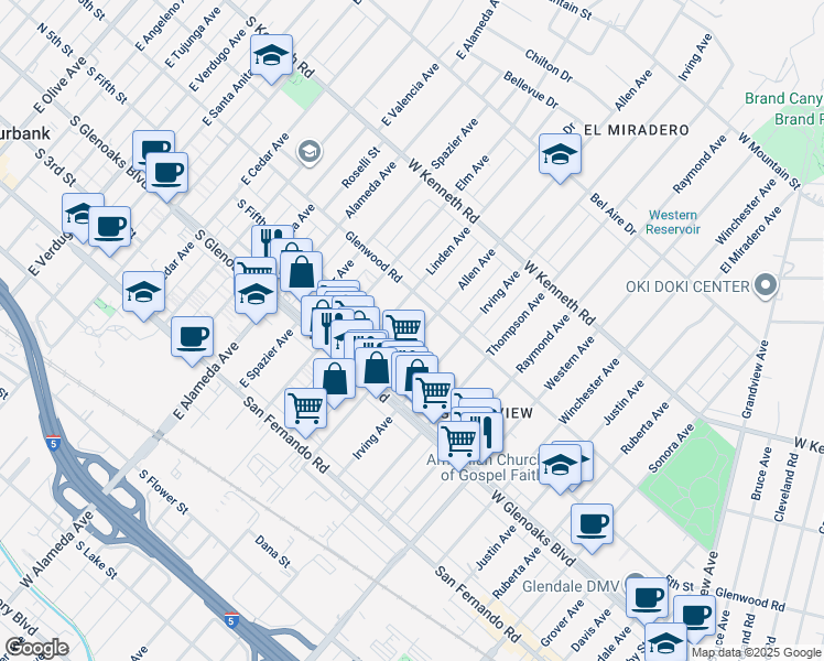 map of restaurants, bars, coffee shops, grocery stores, and more near 1173 Allen Avenue in Glendale