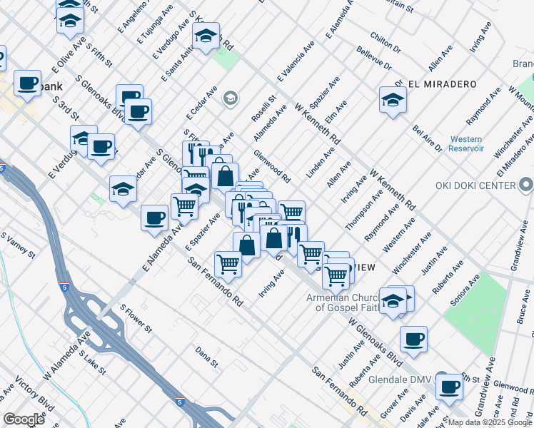 map of restaurants, bars, coffee shops, grocery stores, and more near 1128 Elm Avenue in Glendale