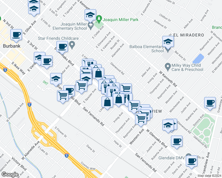 map of restaurants, bars, coffee shops, grocery stores, and more near 1128 Elm Avenue in Glendale
