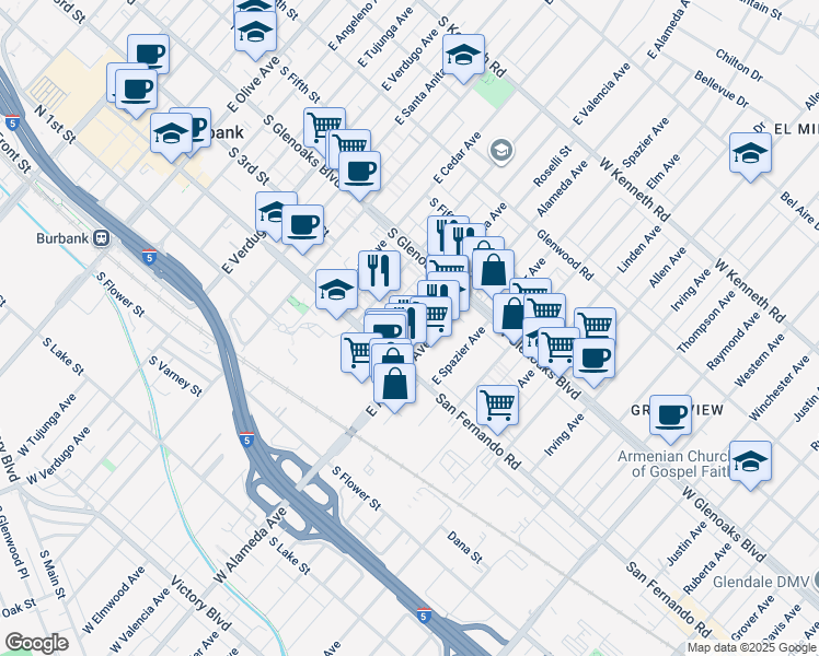 map of restaurants, bars, coffee shops, grocery stores, and more near 303 East Alameda Avenue in Burbank