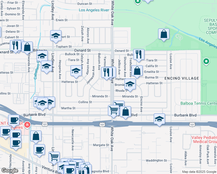 map of restaurants, bars, coffee shops, grocery stores, and more near 5805 White Oak Avenue in Los Angeles
