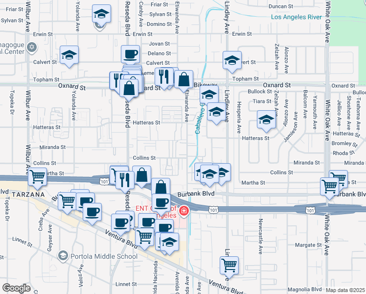 map of restaurants, bars, coffee shops, grocery stores, and more near 5731 Etiwanda Avenue in Los Angeles