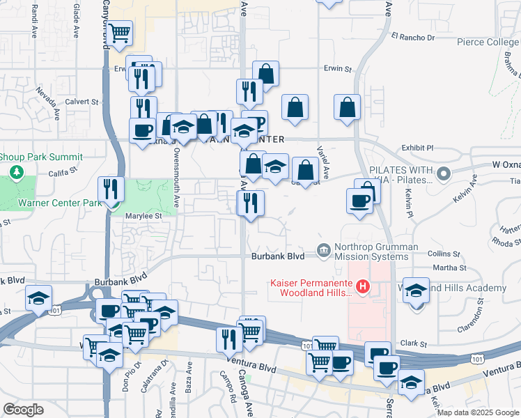 map of restaurants, bars, coffee shops, grocery stores, and more near 5820 Canoga Avenue in Los Angeles