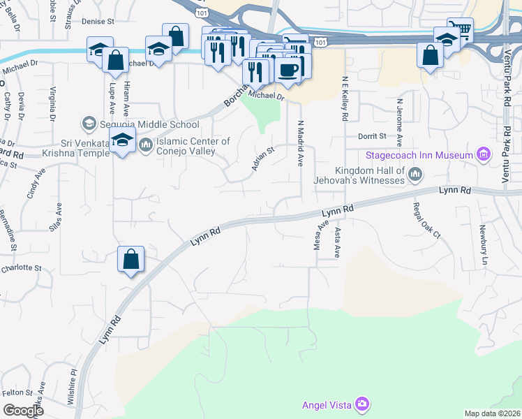 map of restaurants, bars, coffee shops, grocery stores, and more near 2211 West Kelly Road in Ventura County