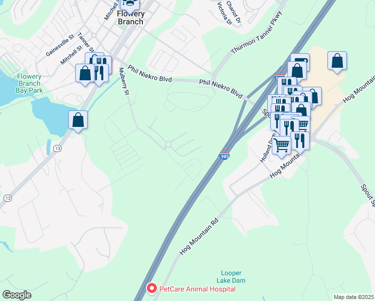 map of restaurants, bars, coffee shops, grocery stores, and more near 5843 Bridgeport Court in Flowery Branch