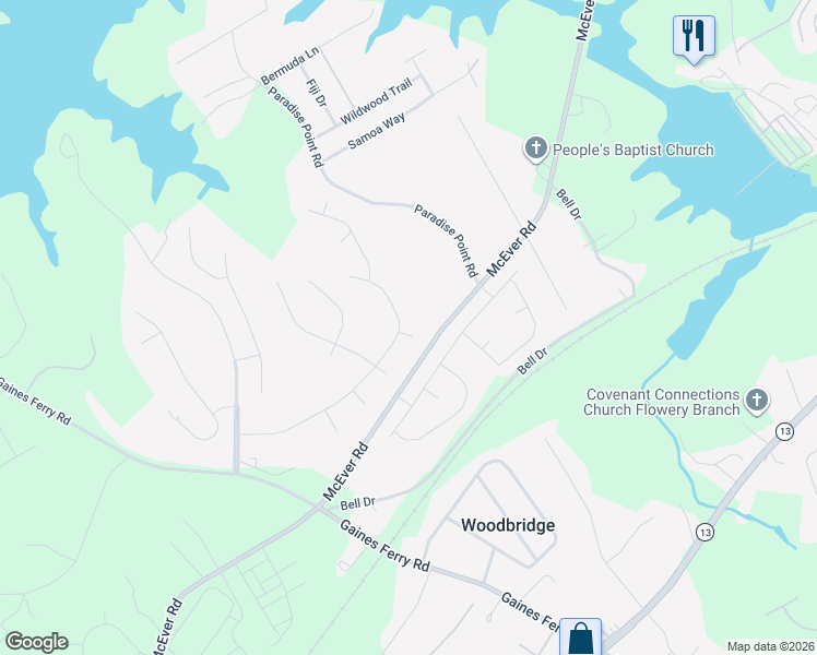 map of restaurants, bars, coffee shops, grocery stores, and more near 6293 Long Ridge Court in Flowery Branch