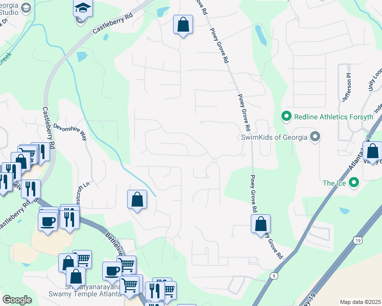 map of restaurants, bars, coffee shops, grocery stores, and more near 5620 Weddington Drive in Cumming