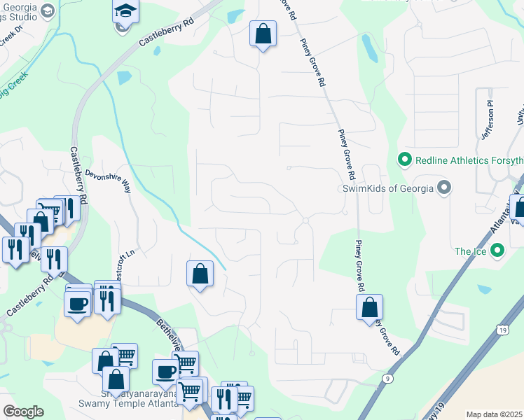 map of restaurants, bars, coffee shops, grocery stores, and more near 5730 Weddington Drive in Cumming