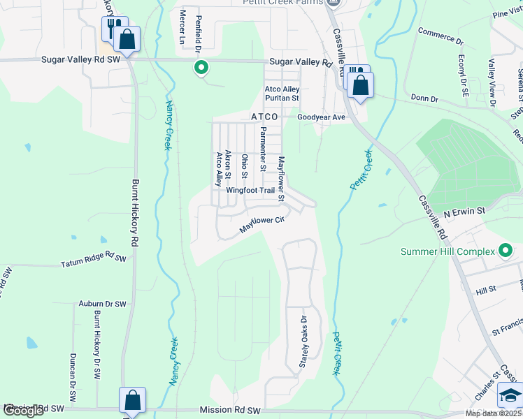 map of restaurants, bars, coffee shops, grocery stores, and more near 110 Mayflower Street in Cartersville