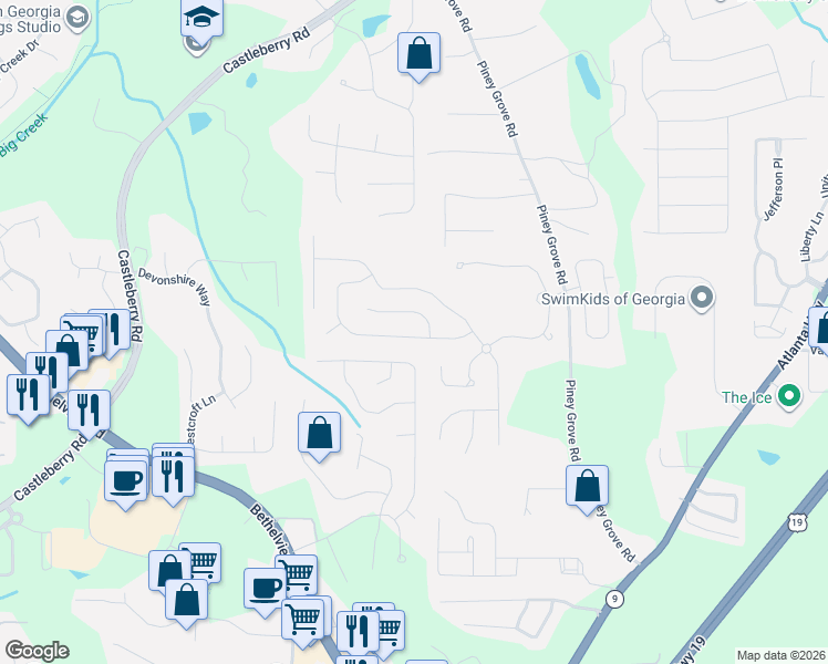 map of restaurants, bars, coffee shops, grocery stores, and more near 5740 Weddington Drive in Cumming