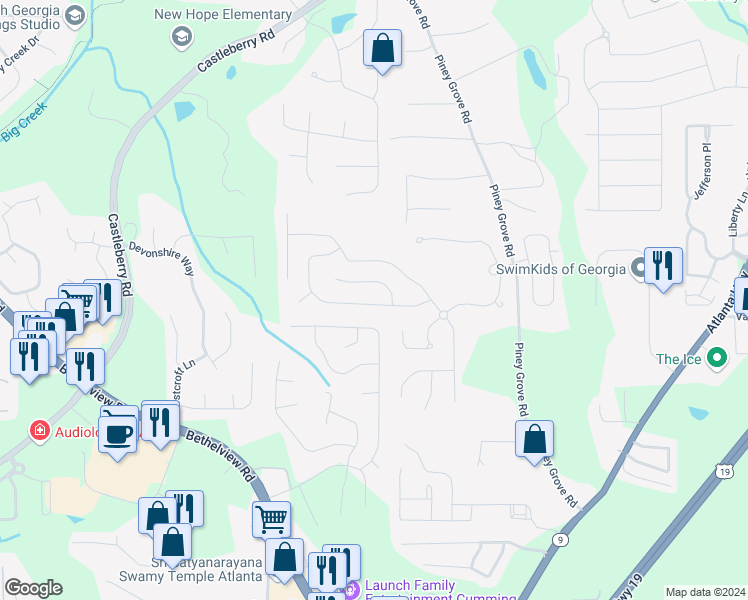 map of restaurants, bars, coffee shops, grocery stores, and more near 5750 Weddington Drive in Cumming