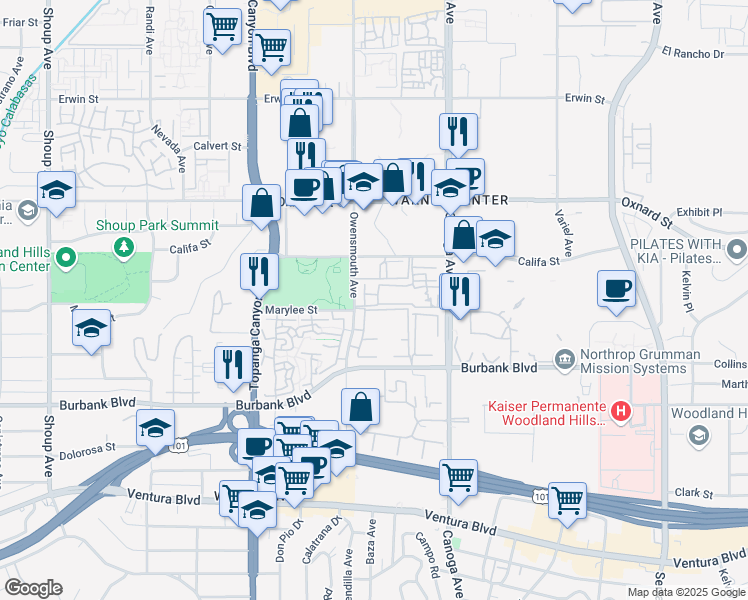 map of restaurants, bars, coffee shops, grocery stores, and more near 5800 Owensmouth Avenue in Los Angeles