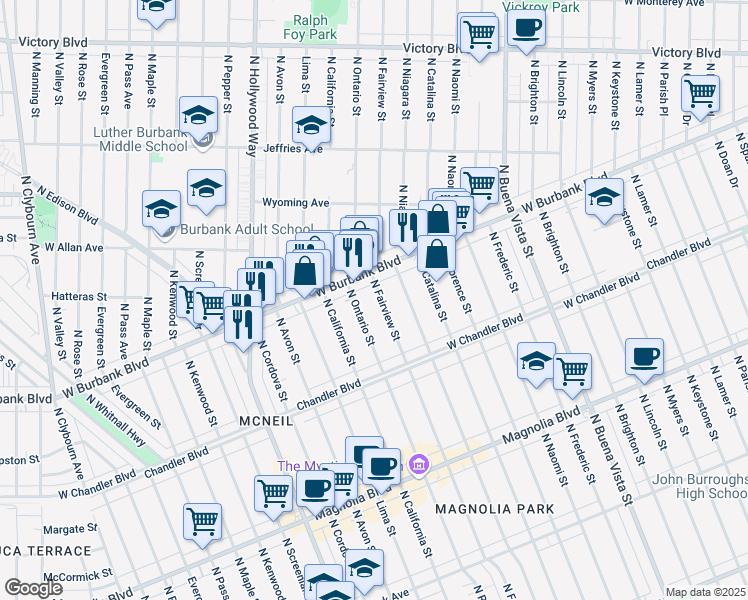 map of restaurants, bars, coffee shops, grocery stores, and more near 1231 North Fairview Street in Burbank