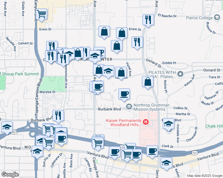 map of restaurants, bars, coffee shops, grocery stores, and more near 21281 Burbank Boulevard in Woodland Hills