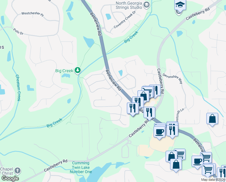 map of restaurants, bars, coffee shops, grocery stores, and more near 5420 Falls Landing Drive in Cumming