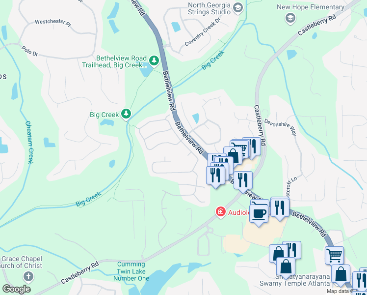 map of restaurants, bars, coffee shops, grocery stores, and more near 5420 Falls Landing Drive in Cumming