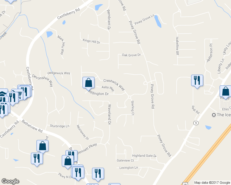 map of restaurants, bars, coffee shops, grocery stores, and more near 5620 Weddington Drive in Cumming