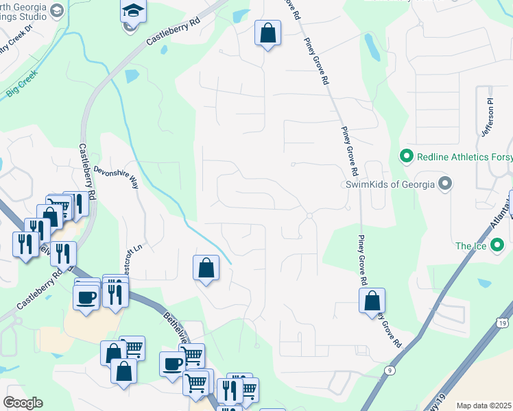 map of restaurants, bars, coffee shops, grocery stores, and more near 5780 Weddington Drive in Cumming