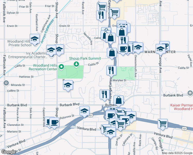 map of restaurants, bars, coffee shops, grocery stores, and more near 5770 Rolling Road in Los Angeles