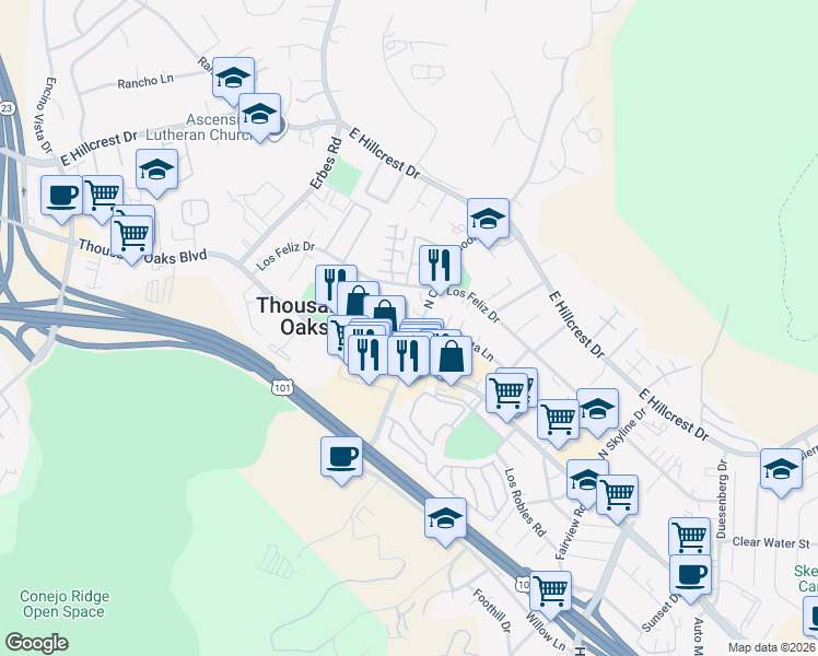 map of restaurants, bars, coffee shops, grocery stores, and more near 77 North Conejo School Road in Thousand Oaks