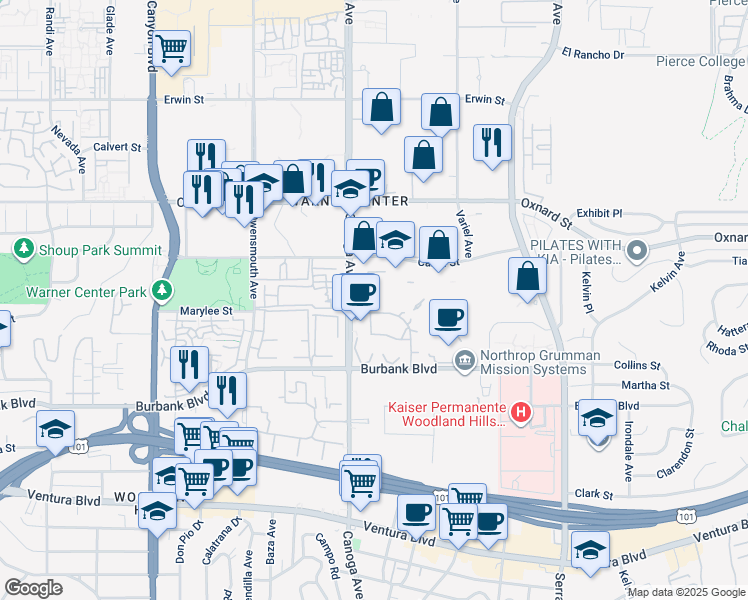 map of restaurants, bars, coffee shops, grocery stores, and more near 5820 Canoga Avenue in Los Angeles