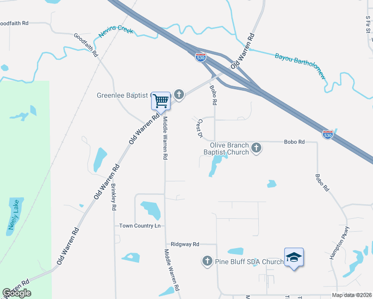 map of restaurants, bars, coffee shops, grocery stores, and more near 5107 Middle Warren Road in Pine Bluff