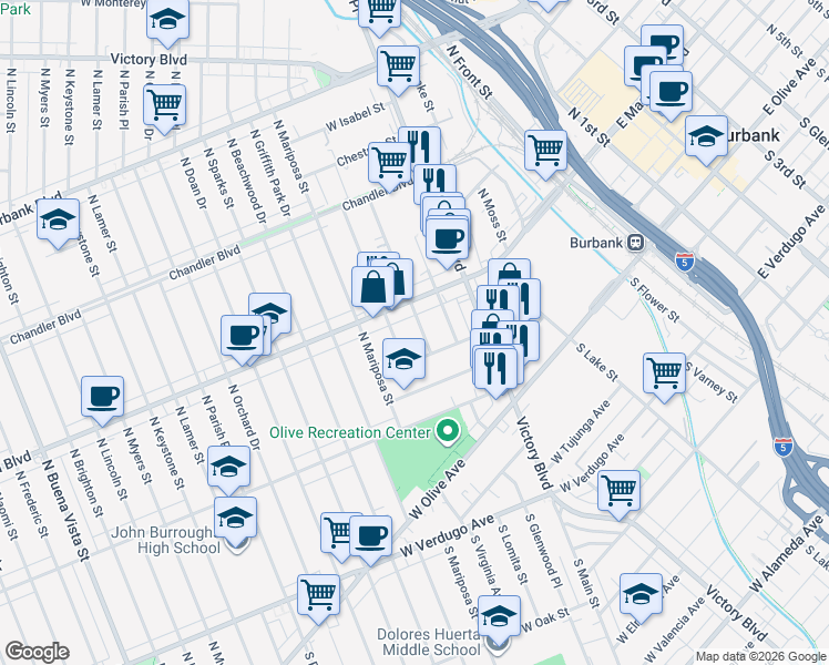 map of restaurants, bars, coffee shops, grocery stores, and more near 321 North Lomita Street in Burbank