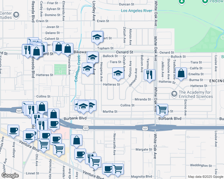 map of restaurants, bars, coffee shops, grocery stores, and more near 5741 Newcastle Avenue in Los Angeles