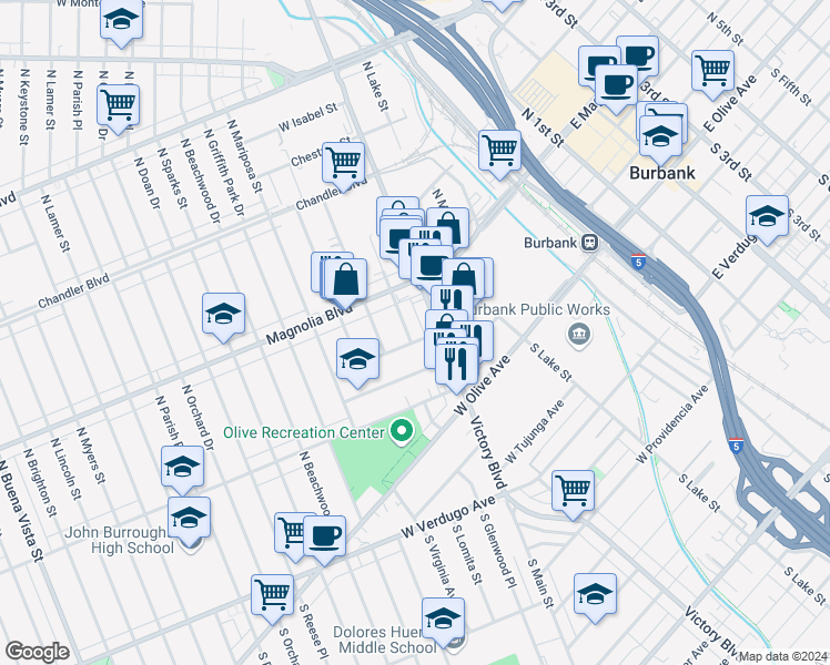 map of restaurants, bars, coffee shops, grocery stores, and more near 304 North Glenwood Place in Burbank