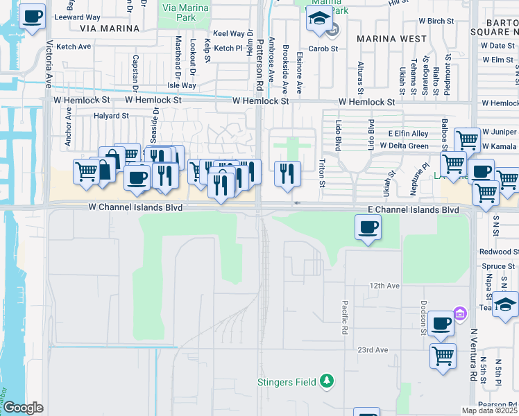 map of restaurants, bars, coffee shops, grocery stores, and more near W Channel Islands Blvd & Patterson Rd in Port Hueneme