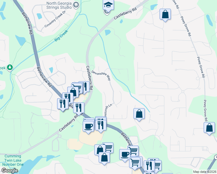 map of restaurants, bars, coffee shops, grocery stores, and more near 5680 Devonshire Way in Cumming